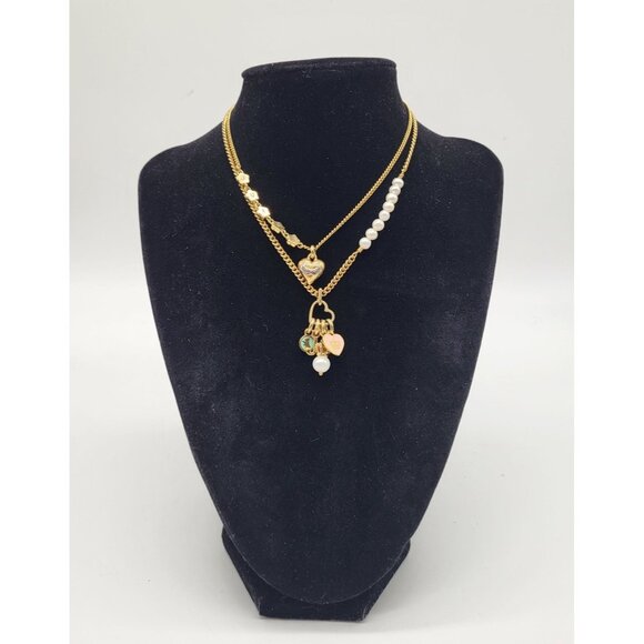 JUICY COUTURE Gold Tone Double Strand Charm Necklace Puffy Heart Spell out Pearl - Picture 1 of 11